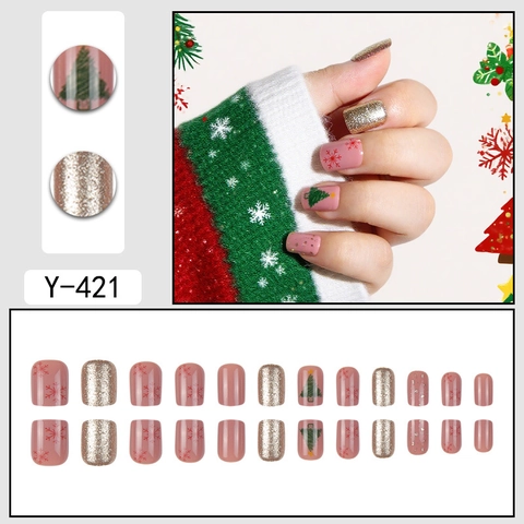 Christmas Press On Nails Short Square Snowflake Christmas Tree Glossy ABS Resin For Women Festive Party