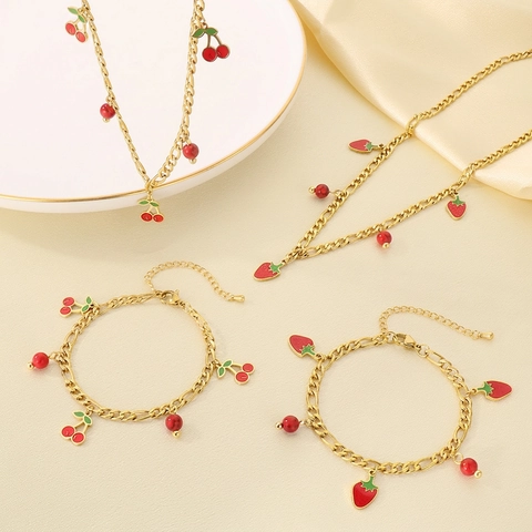 Gioielli Frutta Fragola Ciliegia Acciaio Inossidabile Placcato Oro 18K Catena Figaro Collana E Bracciale Per Donna Stile Dolce