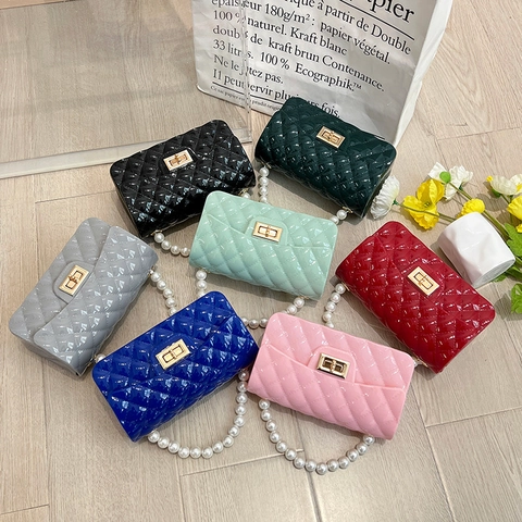Rautenmuster PVC Geleetasche Mit Künstliche Perlengriff Und Goldener Kette Damen Mini Umhängetasche Modische Quadratische Tasche