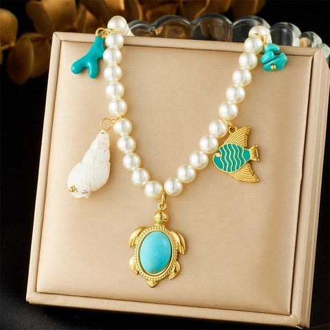Ocean Theme Artificial Pearl Necklace 304 Stainless Steel Gold Plated Turtle Fish Shell Pendants Summer Beach Vacation Jewelry Women
