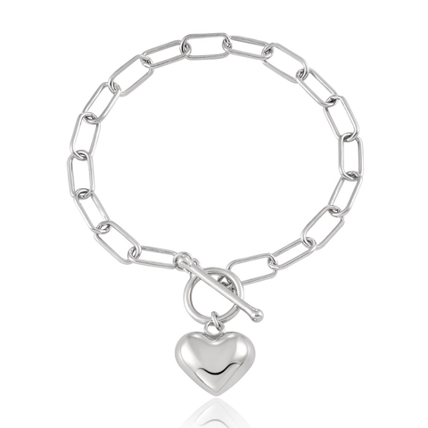 925 Sterling Silver Heart Pendant Bracelet For Women Minimalist Paperclip Chain Toggle Clasp Fashion High Polish Jewelry Gift