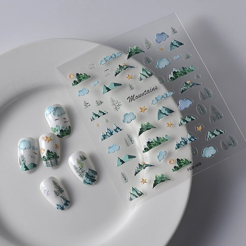 Autocollants Ongles Relief 5D Motifs Paysage Montagne Forêt Mat Autocollants Imperméables Manucure