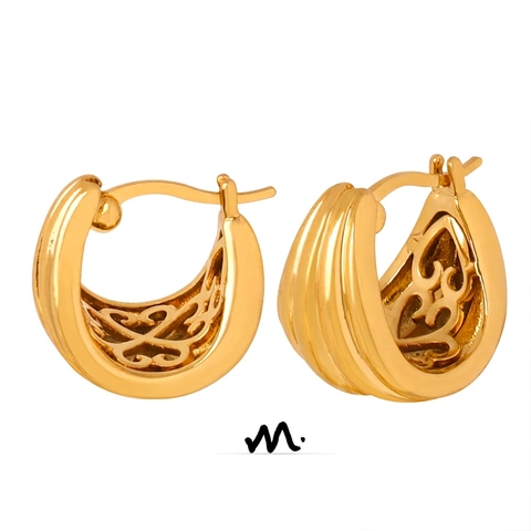 Vintage U Shaped Hoop Earrings For Women Titanium Steel 18K Gold Plated Ribbed Texture Hollow Pattern Fashion Jewelry