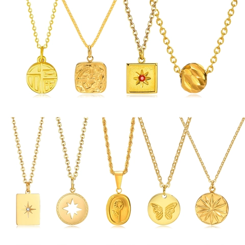 Stainless Steel Pendant Necklace For Women Gold Plated Butterfly Rose Sunflower Star Square Lucky Pendant Fashion Jewelry
