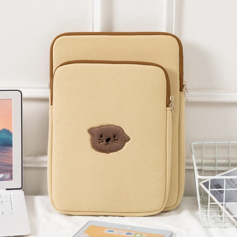 Schattige Kat Borduurwerk Laptophoes Tablet Tas Polyester Schokbestendig Beschermhoes Crèmewit Ins Stijl Voor Notebook