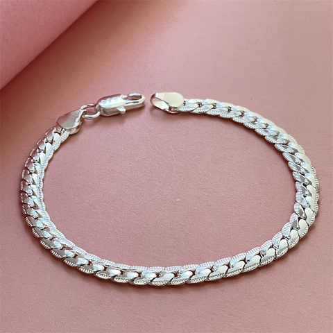 Silver Plated Copper Curb Chain Bracelet Textured Edge Minimalist Fashion Jewelry For Women Men