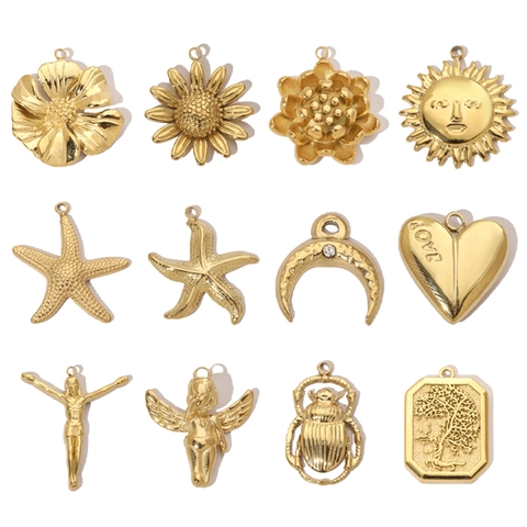 Ciondoli In Acciaio Inossidabile Placcato Oro Per Gioielli Fai Da Te Collana Retrò Francese Sole Stella Marina Angelo Cuore Per Donne