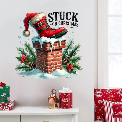 Kerst Muursticker PVC Zelfklevend Verwijderbaar Waterdicht Laarzen Schoorsteen Dennenappels Voor Huisdecoratie