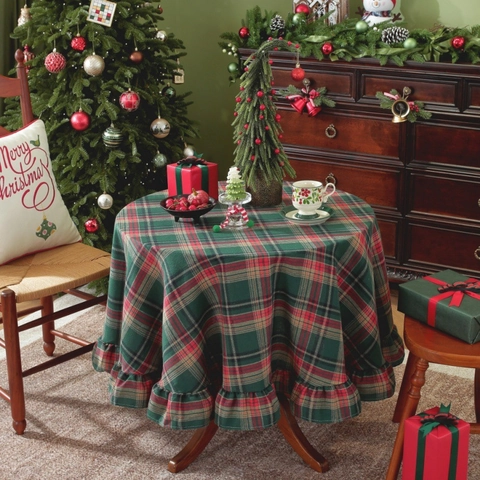 Christmas Round Plaid Tablecloth With Ruffle Edge Vintage Pure Cotton Table Cover For Holiday Party Home Dining Room Decor