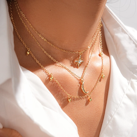 Layered Necklace Alloy Iron Rhinestone Star Moon Pendants Bohemian Style Fashion Jewelry For Women