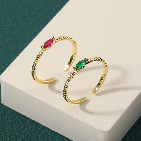 Vintage Marquise Zircon Open Ring Copper Gold Plated Twisted Texture Adjustable Elegant Jewelry For Women