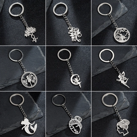 Minimalista Portachiavi in Acciaio Inossidabile con Albero della Vita Fata Sirena Pendente per Donna Uomo Gioielli Moda Regalo