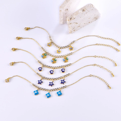 Moda Bracciale in Acciaio al Titanio Malocchio Stella Fiore Foglia di Ginkgo per Donna Placcato Oro Strass Smalto Catena Regolabile Gioielli