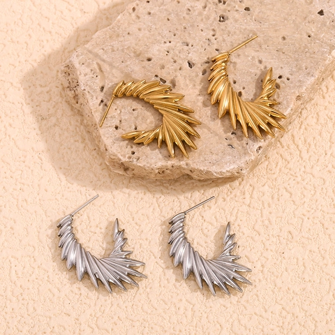 Pendientes De Botón Geométricos Con Forma De Ala Acero Inoxidable Chapado En Oro De 18K Textura Radiante Joyería De Moda Para Mujer