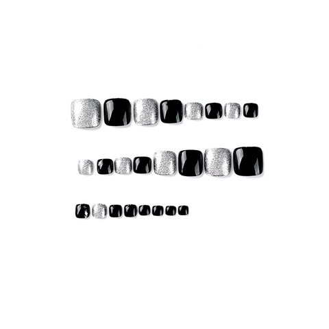 Black Glossy And Silver Glitter Press On Toe Nails Square Short Length Wearable False Nails For Women Minimalist Style