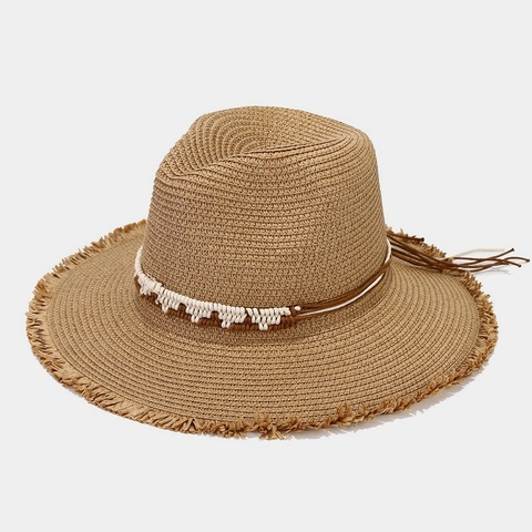 Panama Straw Hat Women Wide Brim Sun Protection Summer Beach Vacation Bohemian Frayed Edge Woven Band Tassels