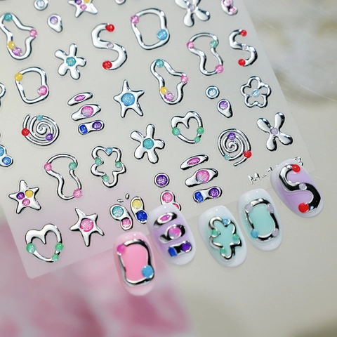 3D Relief Nail Art Stickers With Silver Metal Border And Colorful Glitter Star Heart Butterfly Y2K DIY Manicure Decor