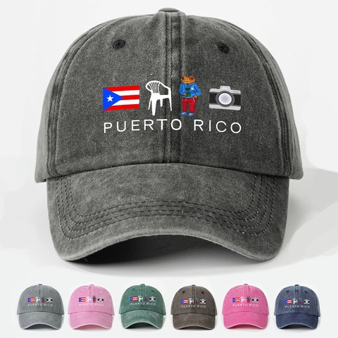 Puerto Rico Washed Baseball Cap Retro Frog Print Adjustable Sun Hat Casual Outdoor Breathable