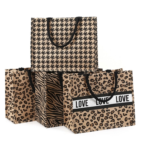 Bolso Grande De Yute Arpillera Bolsa De Compras Cremallera Estampado Leopardo Cebra Pata De Gallo Ecológico Playa Viaje Mujer