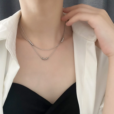 Double Layer Snake Chain Necklace With Polished Beads Titanium Steel 18K Gold Plated Minimalist Jewelry For Women