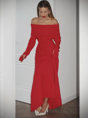 Off Shoulder Maxi Dress Knitted Long Sleeve Ribbed Slim Fit Elegant Solid Color Evening Party Gown For Women