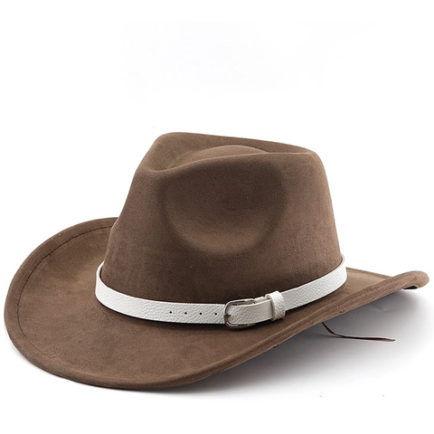 Cappello Da Cowboy Occidentale Fedora In Scamosciato A Tesa Larga Con Cintura In Pelle Bianca Fibbia Jazz Stile Retrò Unisex