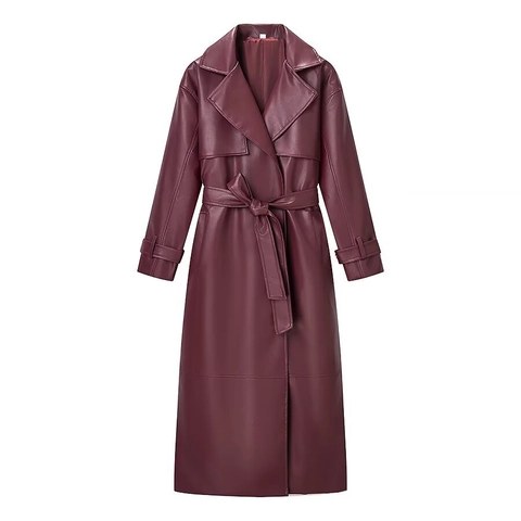 Gabardina de Cuero Sintético PU para Mujer Extra Larga con Solapa Chaqueta Cortavientos con Cinturón Abrigo Streetwear Otoño Invierno
