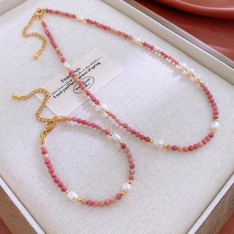 Rhodochrosiet Zoetwaterparel Sieraden Set Titanium Staal Gefacetteerde Kralen Retro Armband En Ketting Vrouwen