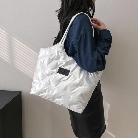 Große Kapazität Tote Bag Gesteppte Wattierte Nylon Schultertasche Leichtes Geometrisches Muster Minimalistische Handtasche