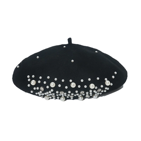 Elegant Wool Beret Hat For Women With Artificial Pearl And Rhinestone Decoration Autumn Winter Warm British Style Painter Cap