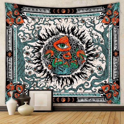 Arazzo Fungo Psichedelico Da Parete Poliestere Surrealista Fasi Lunari Decorazione Artistica Bohémien Per Camera Da Letto
