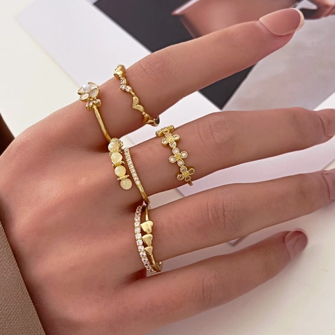 Fashion Copper 14K Gold Plated Open Ring For Women Synthetic Opal Cubic Zirconia Heart Flower Geometric Adjustable Ring Jewelry