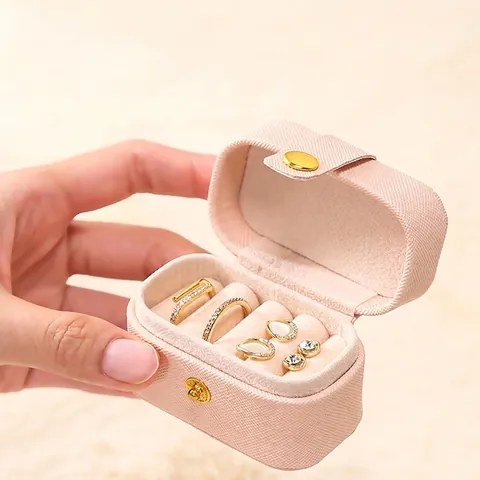 Portable Mini PU Leather Jewelry Box Travel Small Ring Earring Storage Case With Metal Snap Closure Cross-grain Box Organizer