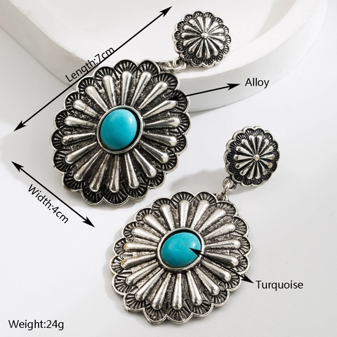Bohemian Vintage Alloy Turquoise Drop Earrings For Women Ethnic Geometric Water Drop Rhinestone Inlaid Dangle Accessory