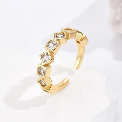 Geometric Open Ring Copper Gold Plated Square Cubic Zirconia Adjustable Minimalist Finger Jewelry Women