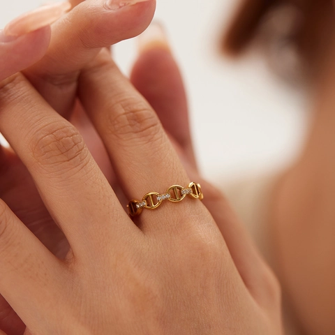 Anillo De Eslabones De Cadena De Acero Inoxidable Con Micro Pavé De Circón Forma Nariz De Cerdo Joyería De Moda Para Mujer