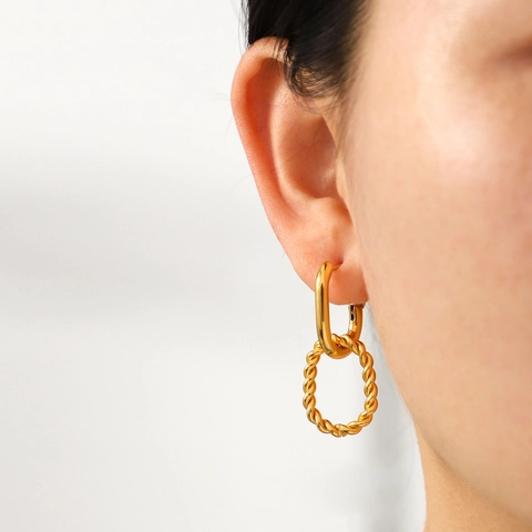Geometrische Dubbele Ring Oorbellen Voor Dames Verguld Roestvrij Staal Gedraaid Touw Textuur Elegante Ins Stijl Sieraden