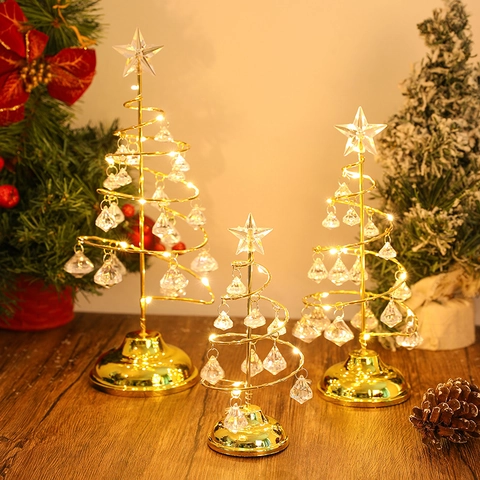 Crystal Christmas Tree Tabletop Ornament Spiral Iron LED Night Light With Star Top And Acrylic Pendants Festive Decor