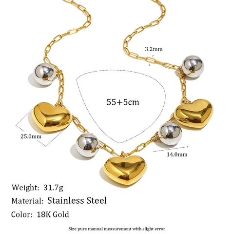 Collana Minimalista In Acciaio Inossidabile Con Ciondoli A Cuore Cavo Placcato Oro 18K E Sfera Argentata Per Donna