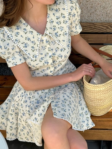 Robe Courte En Coton Imprimé Fleuri Vintage Français Col Claudine Manches Bouffantes Douce Pour Femmes