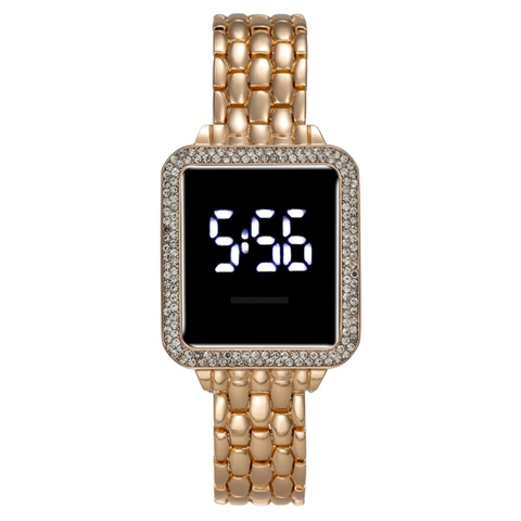 Women Digital Watch LED Touch Screen Rhinestone Inset Alloy Case Metal Band Square Fashion Wristwatch