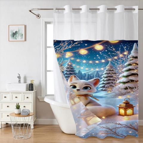 Wasserdichter Duschvorhang Aus Polyester Mit Cartoon Tieren Druckknopffutter Und Hakenlosem Ringdesign Badezimmer Deko