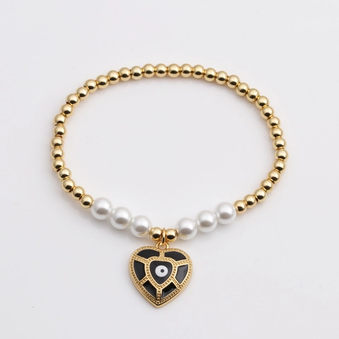 Pulsera Con Colgante De Corazón De Ojo Turco Cobre Circón Esmalte Perlas Artificiales Imitación Perla Artificial Joyería De Moda Bohemia Para Mujeres