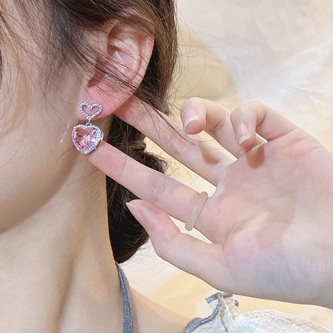 Exquisitos Pendientes de Botón de Circonia de Corazón Rosa para Mujer Joyas de Cobre Románticas Dulces Color Plata