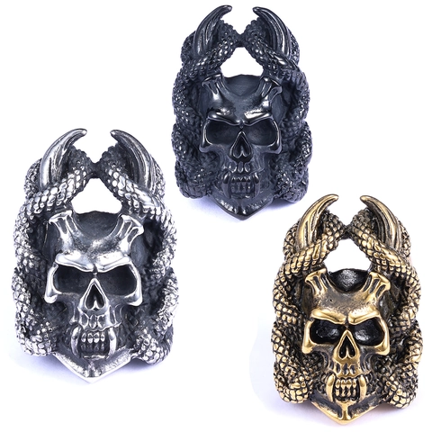 Gothic Punk Totenkopf Schlange Ring Herren 316L Edelstahl Retro Hip Hop Poliert Biker Schmuck