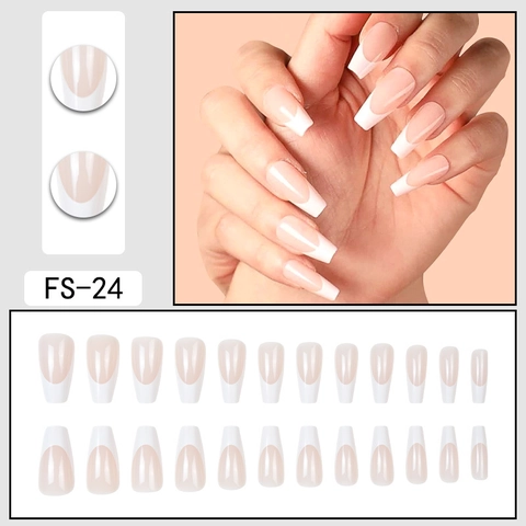 Uñas Postizas Largas Coffin Presionables French Tip Acrílico Uñas Artificiales Nude Rosa Blanco Forma Bailarina Desmontables