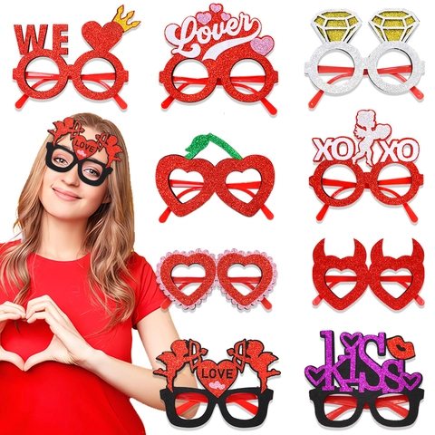 Valentine's Day Party Glasses Red Heart Demon Horns XOXO Angel Wing Photo Prop Romantic Festive Eyewear For Couples Wedding Celebration