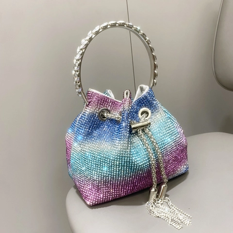 Strass Eimer Abendtasche Gradient Glänzend Kordelzug Handtasche Mit Metallringgriff Und Quaste Für Damen