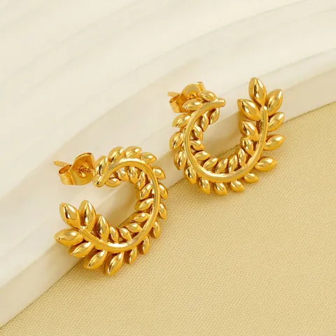 Vintage Wheat Ear Hoop Earrings For Women Gold Plated Stainless Steel C Shaped Textured Laurel Leaf Stud Jewelry