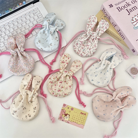 Borsa Portaoggetti Con Coulisse Floreale Orecchie Di Coniglio Pochette Per Cosmetici Portatile Piccolo Organizzatore Da Viaggio Per Donne Ragazze